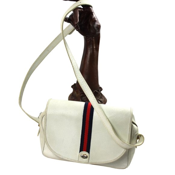 Vintage Blondie GG Style Center Striped Ribbon White Leather Style Shoulder Bag - Picture 2 of 11